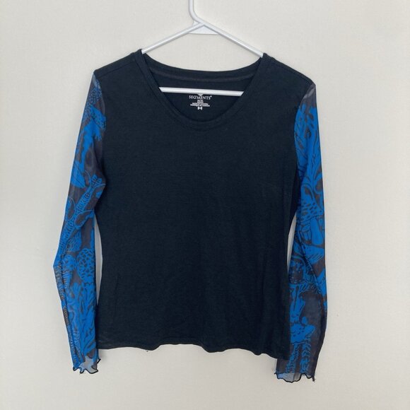 Segments Women’s Merino Wool Blend Shirt Mushroom Sleeves Black Blue Size M - Picture 1 of 6